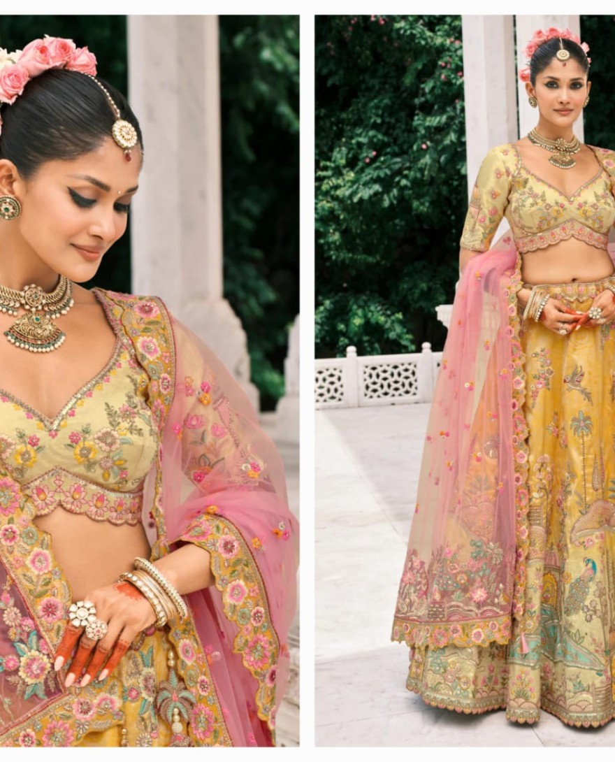 YELLOW - Corn Yellow Fancy Silk Lehenga Choli With Cut Work Embroidery Border & Stone Work